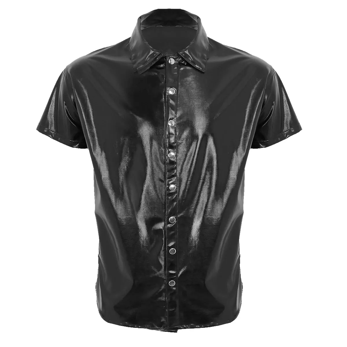 

iEFiEL Mens T Shirt Short Sleeve Lapel Patent Leather Wetlook Press Buttons Clubwear Casual Undershirt