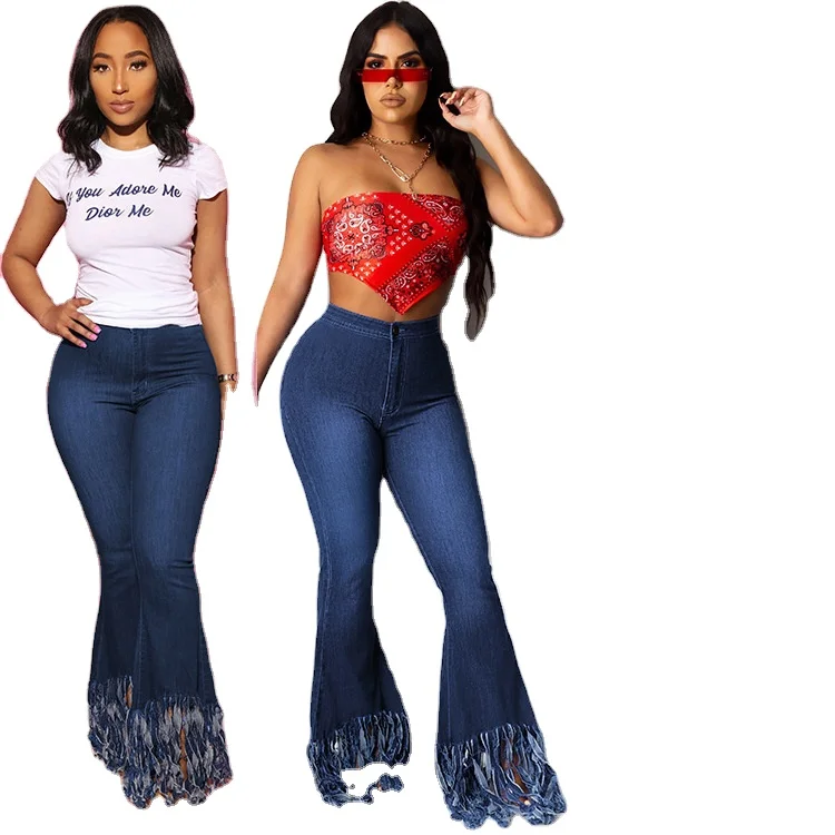 

2021 Summer Fall Clothes Flare Stretch Pant Bell Bottom Ripped Tassel Mom Jean Plus Size Women's Jeans, Dark blue