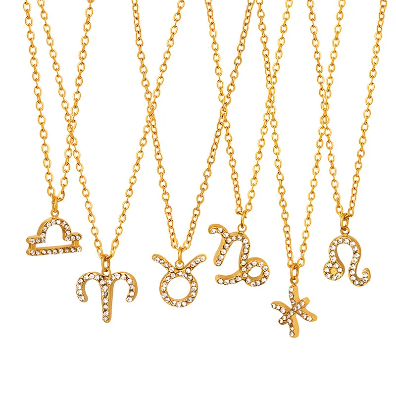 

Fashion Waterproof Jewelry 18k Gold Plated Stainless Steel Zircon Horoscope Astrology 12 Zodiac Pendant Choker Necklace YF3523