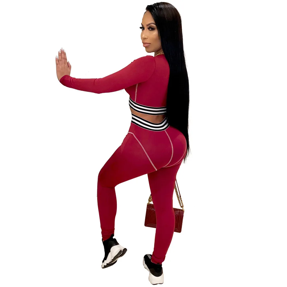 

Hot selling solid stripe sexy long sleeve Yoga two piece set, Pictures shows