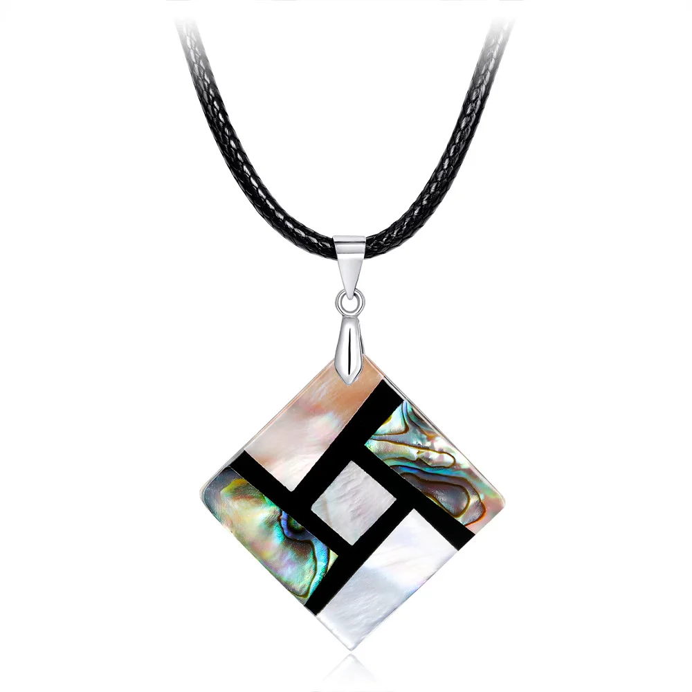 

Black Leather Chain Ellipse Square High Quality Ancient Pendant Natural Sea Abalone Beach Shell Pendant Jewelry Necklace Jewelry