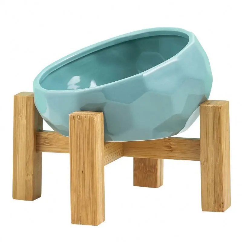 

CWW Ceramic Cat Feeder Bowl Oblique Mouth Pet Bowl Wooden Stand Protection Spine Luxury Elevated Dog Bowl, Colorful