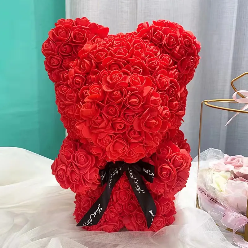 

Rose Bear with Rose Heart 25cm Artificial Flower Teddy Bear Gift for Mothers Day Valentines Day, Colorful