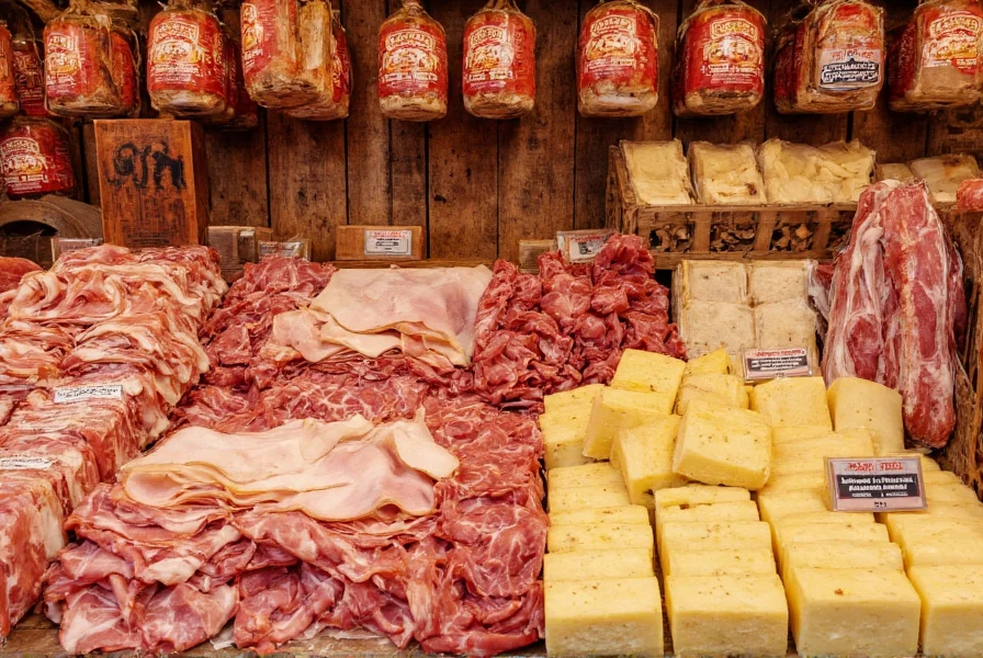 Traditional Parma food market displaying prosciutto di parma and parmigiano reggiano cheese