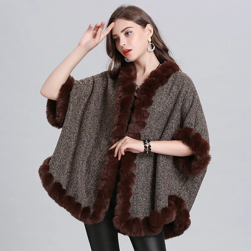 

Autumn/Winter faux fox fur collar thicken elegant knitted coat Poncho for women