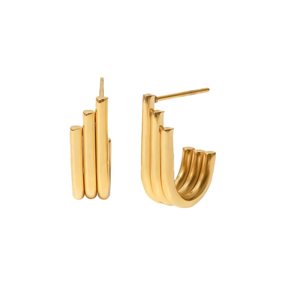 18k Gold Plated Three Layers Pipe Organ U Shape Stainless Steel Stud Earrings For Ladies Gift