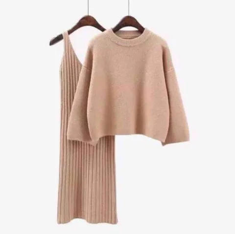 

factory New Knit Suit Fashion Korean Round Neck Loose Pullover Sweater Women Long Pack Hip Two Piece Skirt set