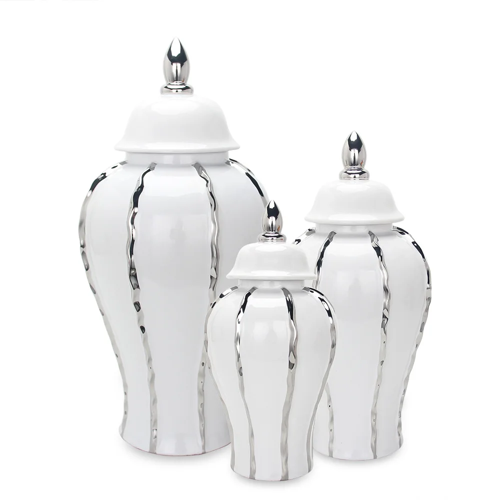 

wholesale White large size Ginger Jar with silver Details white ceramic vase decorative jars for home decoration wedding ins