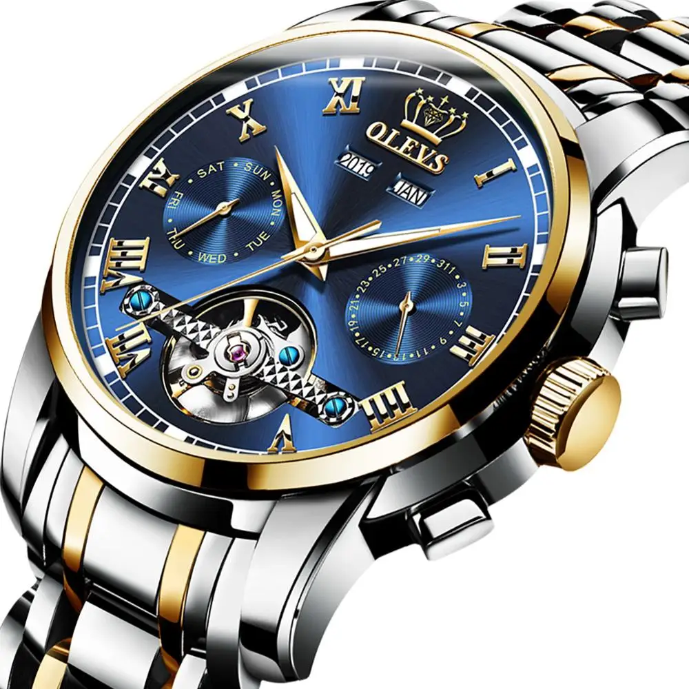 

OEM Tourbillon Watch OLEVS Luxury Skeleton Wristwatches Double Display Custom Logo Men's Swiss Automatic Mechanical Watches