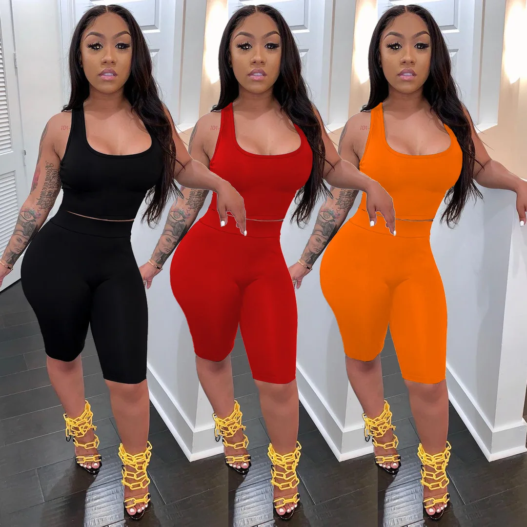 

Spring 2021 sexy women two piece short set women's sport vests and shorts Solid color joggers tracksuits 2 pcs sets