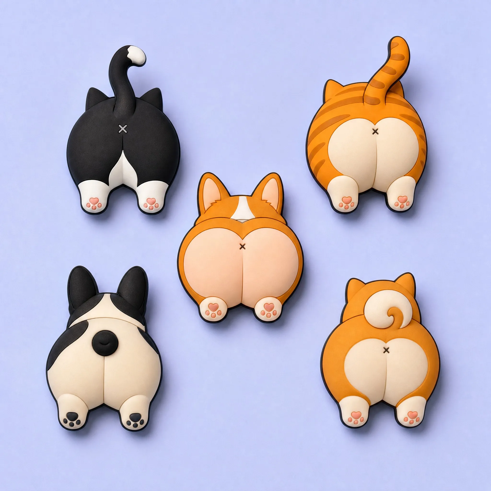 5-Piece Pet Butts Series: Tuxedo Cat, Orange Tabby Cat, Corgi, French Bulldog, Shiba Inu
