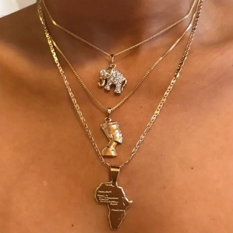 

Fashion Women Multi Layer Gold Necklaces Set Elephant World Map Egyptian Queen Necklace Pendant, Gold color