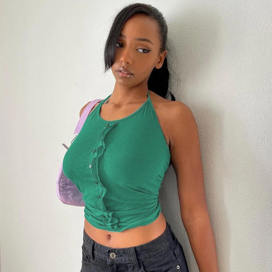 

Nibber K21L00873 2021 New Wholesale Hot Sleeveless Stretch Streetwear Ruched Crop Top Plain Halter Camisole Women Sexy vest
