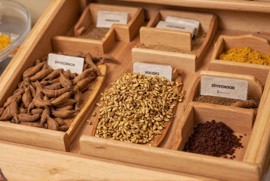 Holzgewürzregal mit ganzen Gewürzen und klaren Etiketten