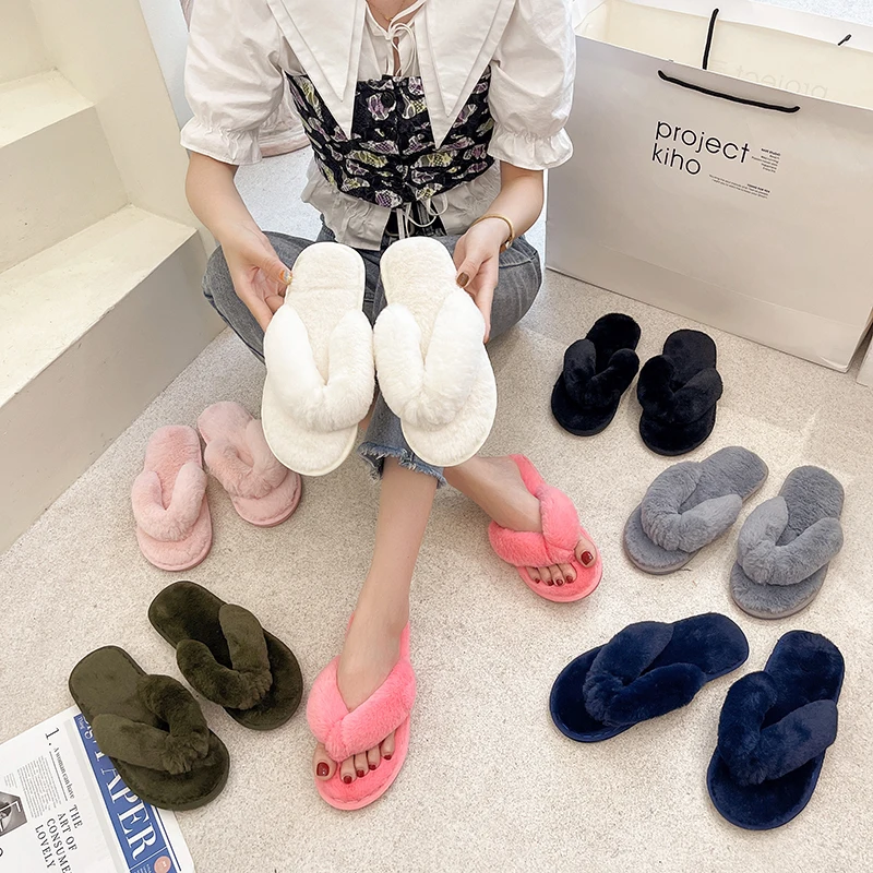 

Pure color cross hairy slippers women's home interior open-toed plush cotton slippers flip-flops women, Picture shows