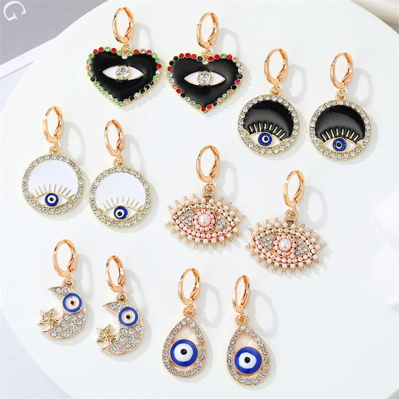 

INS Popular Design 14k Gold Plated Crystal Rhinestone Evil Eyes Earrings Oil Drip Crystal Blue Eyes Earrings