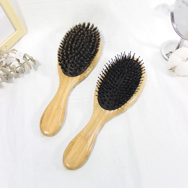 

Boar Bristle Hair Brush Bamboo Natural Soft Hair Brushes Wooden Straightening Comb, Black