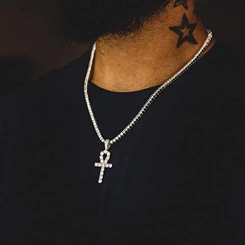 

Yale Jewelry 14K Gold Plated Iced Out CZ Lab Diamond Ankh Cross Egyptian Pendant with Tennis Chain Necklace for Men and Women