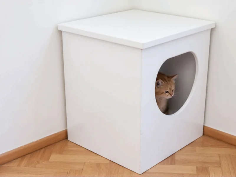 Space-saving corner litter box enclosure design