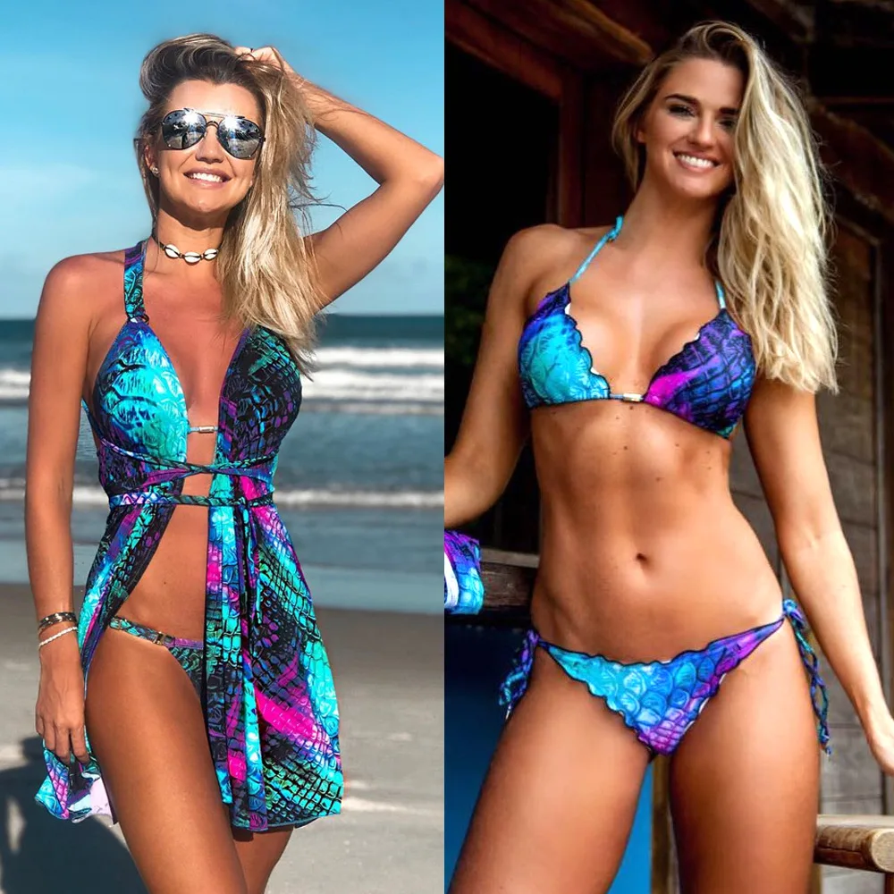 

Fish Scale Mermaid Print Suspender Bikini Swimsuit