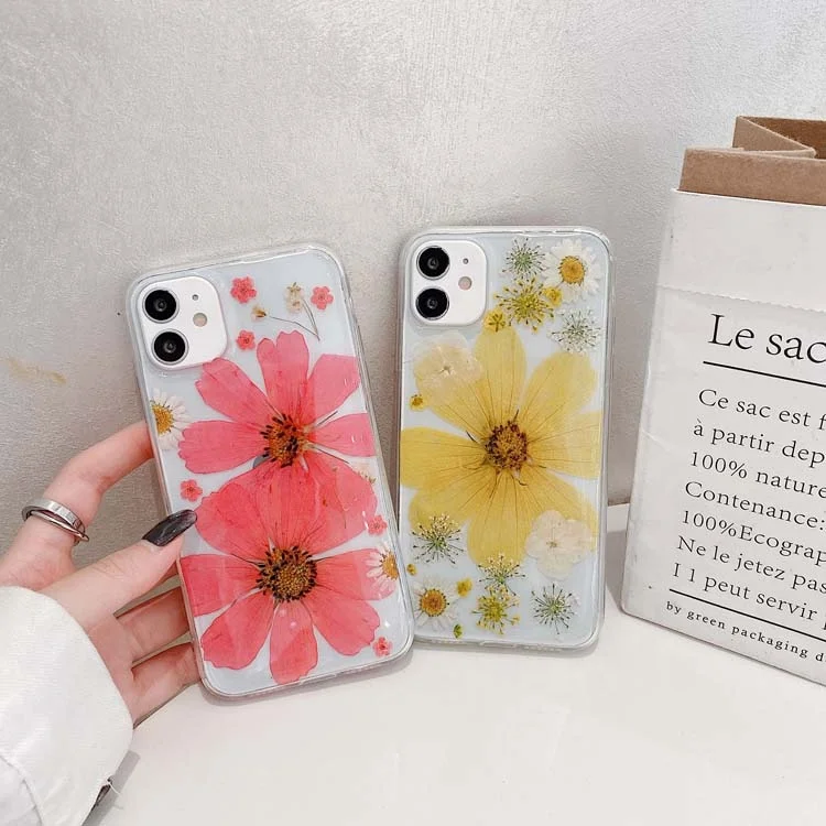 

For iphone case Trendy Epoxy Pressed Dried Real Yellow Flower Soft shockproof Cell Phone Cases for iphone 12 pro max 11 X max