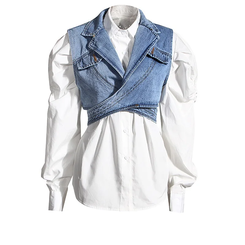 

Ladies 2-piece Suit Short Irregular Denim Vest Shirt Loose Tops Long Puff Sleeve Shirts For Women Blouses, White