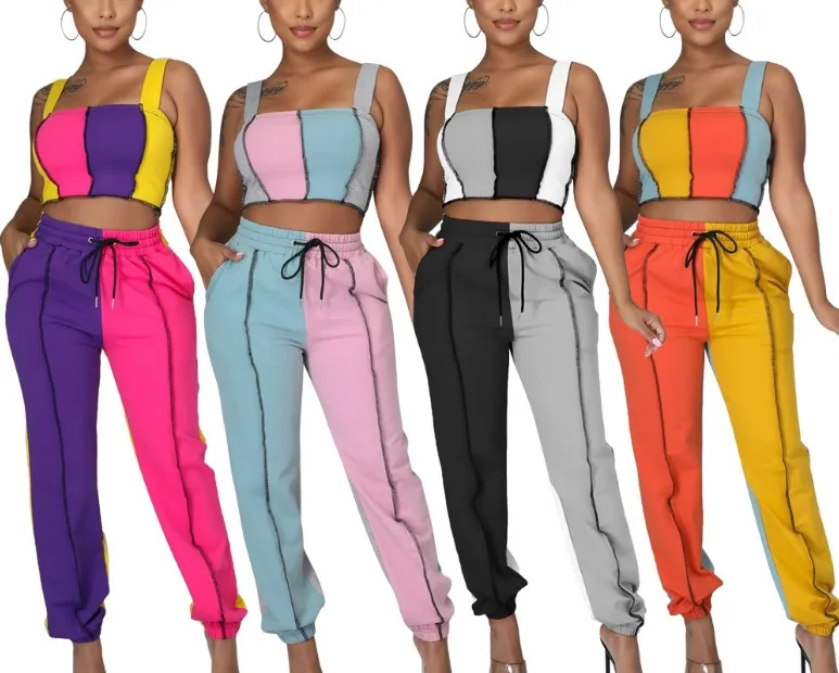 

FREE SAMPLE JHTH Patchwork Color Crop Tops High Waist Pants Sets Women's Ruched Pants Drawstring Tracksuit Fashion 2021 Summer