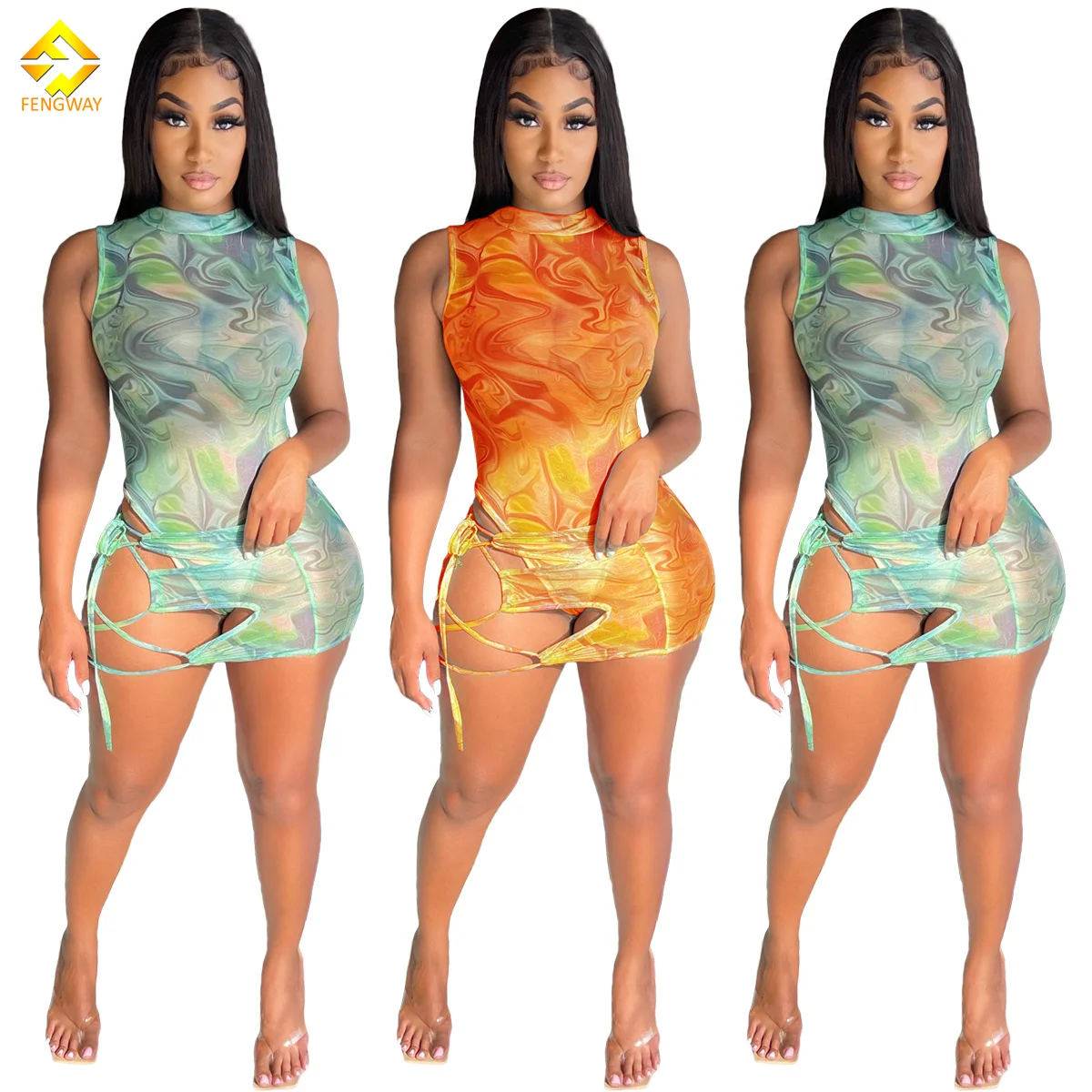 

fengway summer woman jumpsuit Printed bandage Sleeveless Mesh playsuits women Beach club sexy jumpsuits