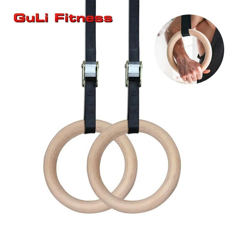 

Wooden Gymnastic Gym Rings With Adjustable Nylon Belt Custom Logo Log Color Fitness Suspension Rings With Strap