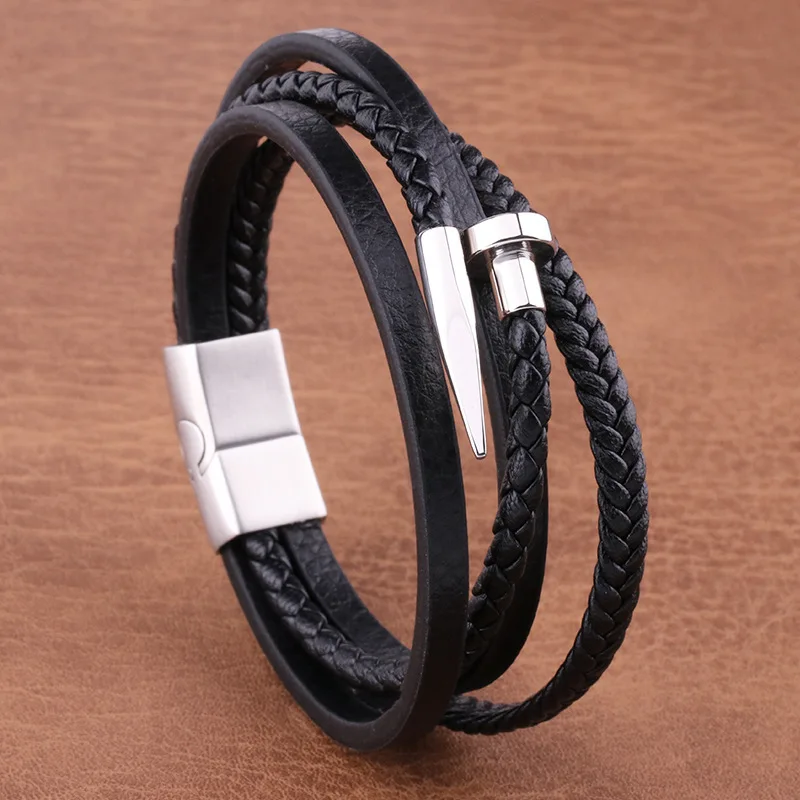 

Multilayer Stainless Steel Braided Leather Cord Bracelet Popular Nail Stainless Steel Leather Bracelet Wholesale