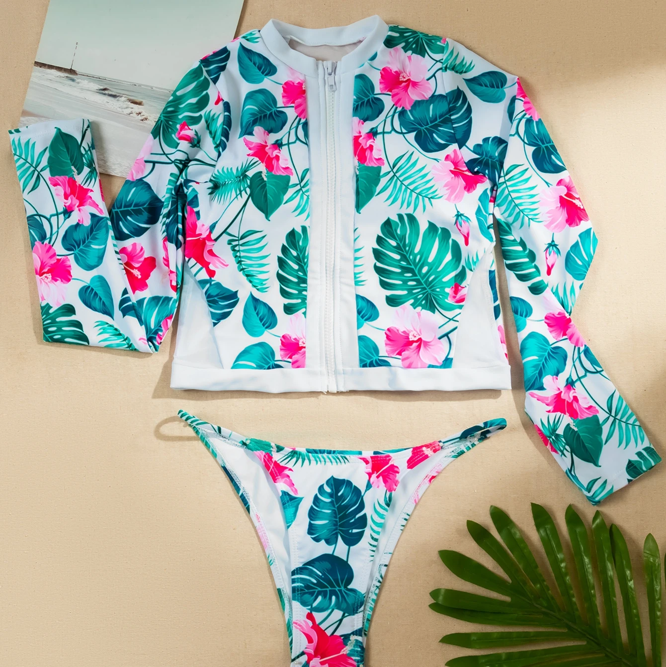 

Best Selling Zipper Mesh Long Sleeve Swimwear Two Pieces Tropical Leaves Swimming Costume Girls Color Swimsuit