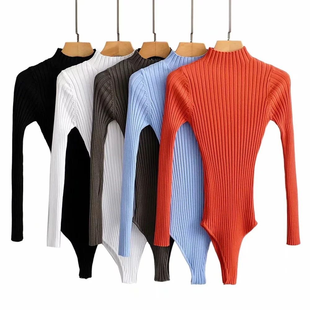 

Hot Sale 2020 New Design Custom Logo Turtleneck Woman Fall Winter Bodysuit for Women Long Sleeve, Black, light blue or customized