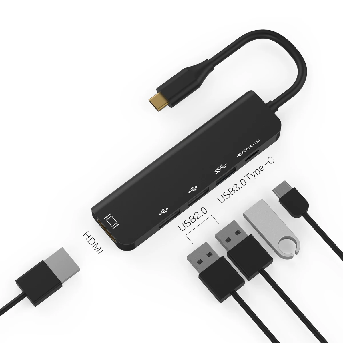 

Factory Supply 5 ports Aluminum 5V Charging USB3.0 4K USB C Multi Port Hub Mobile Phone Computer PC Laptop 5 In 1 USB C Hub