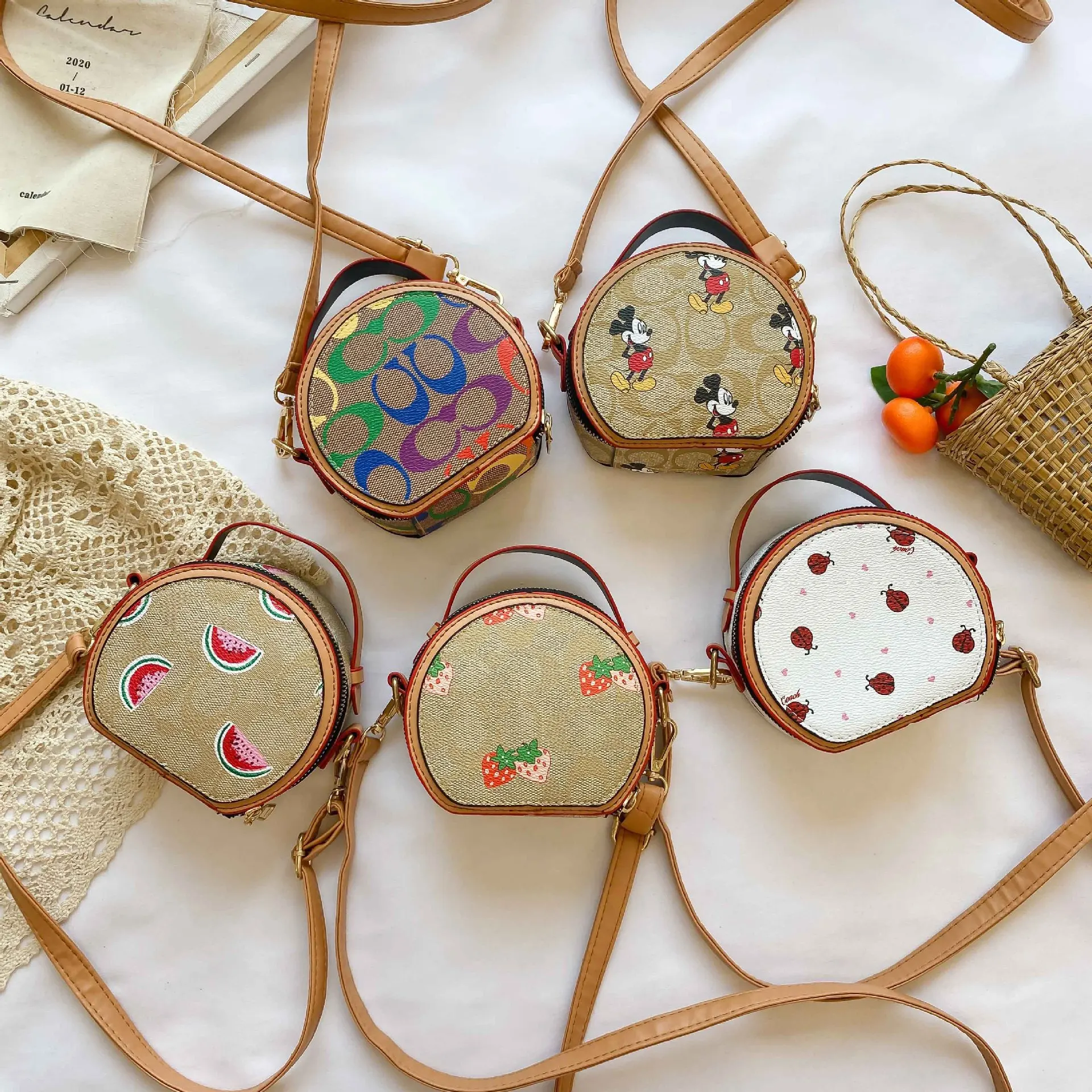 

Children's Bag Women's 2021 New Spring And Summer Cartoon Cute Letter Small Round Bag One Shoulder Handbag Strawberry Bag