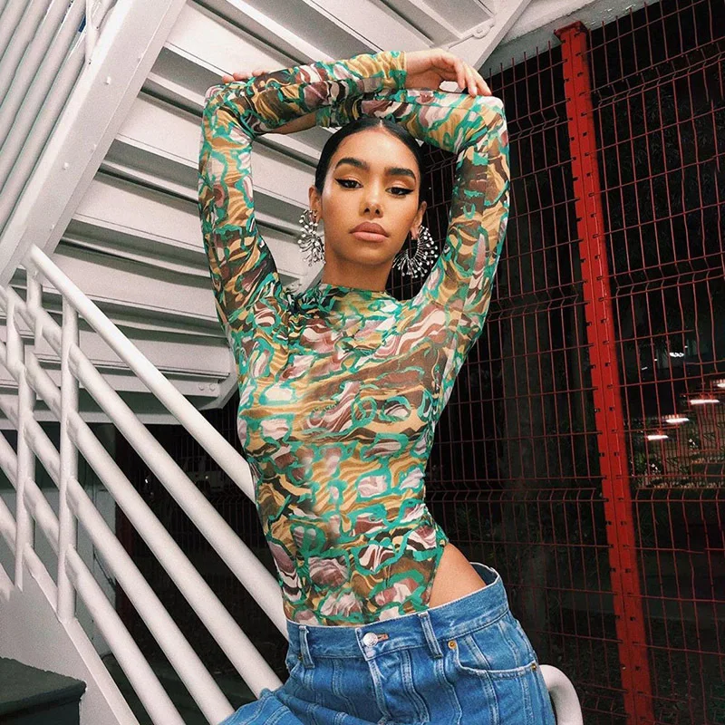 

Shaper Round Neck Sexy Back Out Printed One-Piece Bodysuit