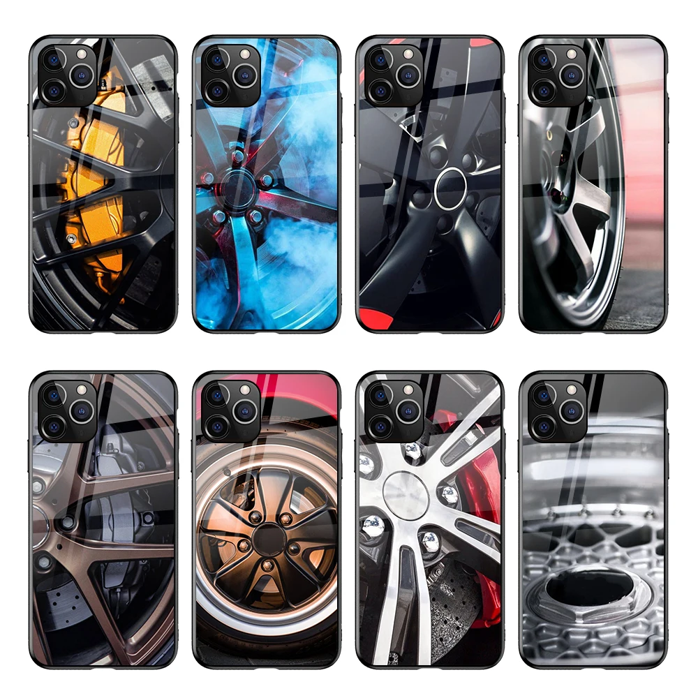 

Luxury Brand Car Wheel Hard Plastic TPU Cell Phone Cover Tempered Glass Phone Case for iPhone 11 12 Pro Max for Pixel 5, Black