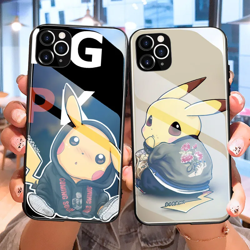 

Japanese Anime cute Pikachu Soft Silicone Fitted Case For iPhone 12 7 11 pro max Cartoon Tempered glass OEM Custom Phone Cover