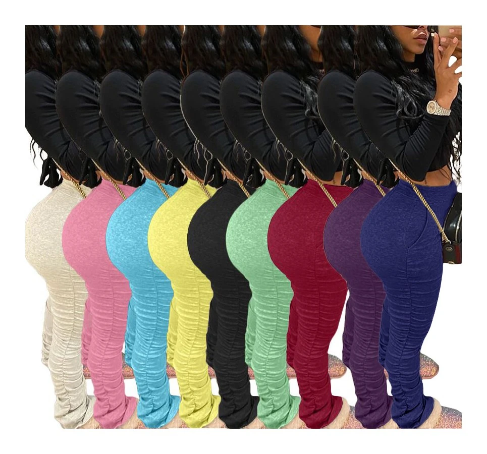 

2020 ready to ship new arrival casual high waist elastic cotton grey sweat ruched stacked pants