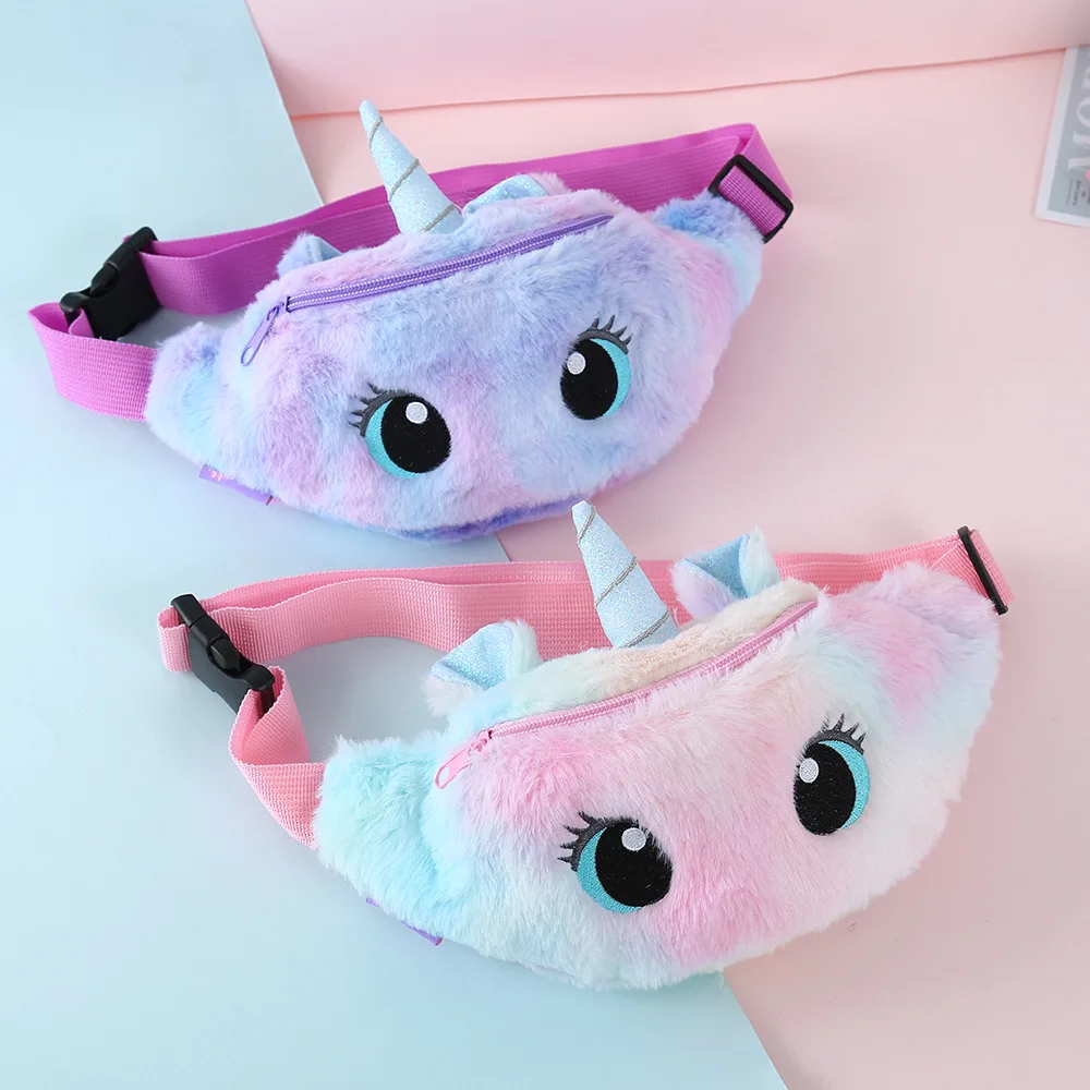 

Hot Sale Cute Unicorn Children's Fanny Pack Girls Waist Bag Plush Gradient Color Cartoon Travel Chest Bag, As picture