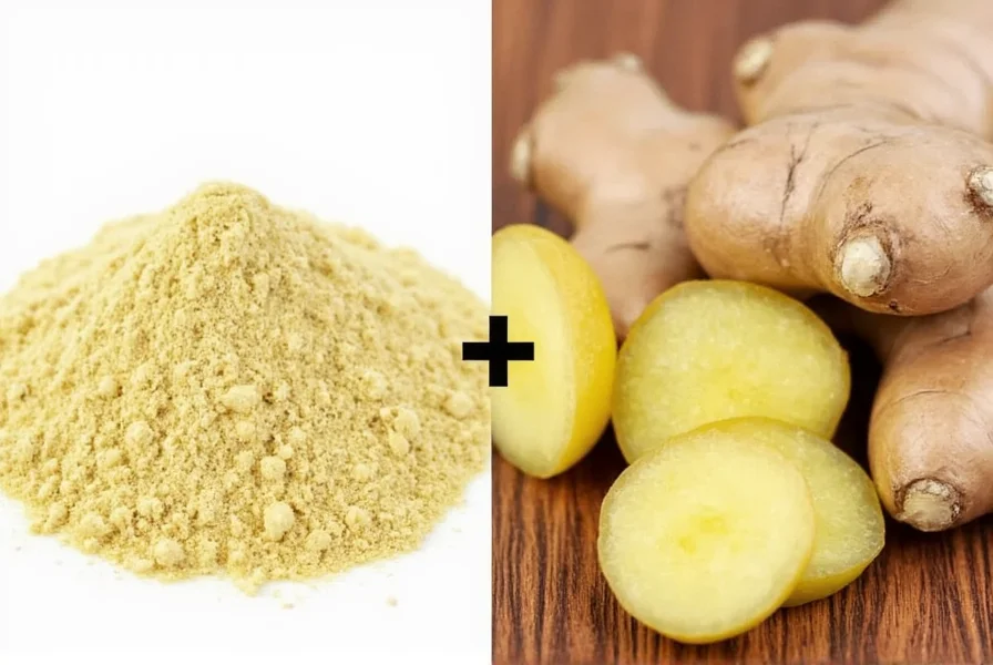 Chef measuring powdered ginger into a recipe while fresh ginger sits nearby for comparison