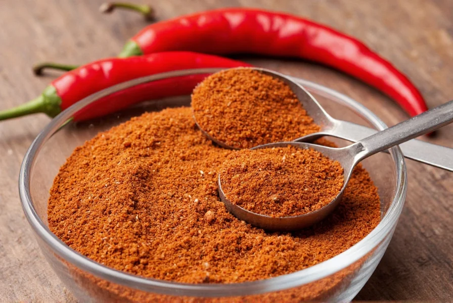 Close-up of Brooks chili mix seasoning in a glass bowl with measuring spoons and whole chili peppers