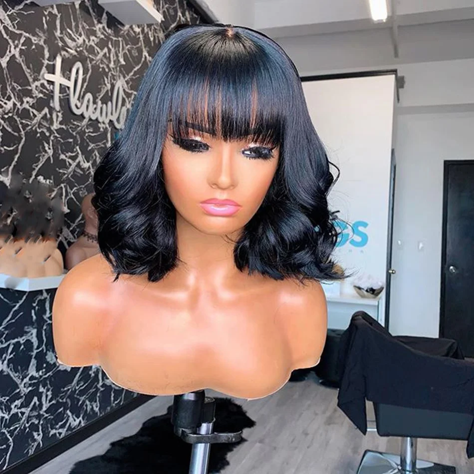 

14 Inches Loose Wave Bob Bleached Knots Brazilian Virgin Human Hair Lace Closure Wigs With Bang