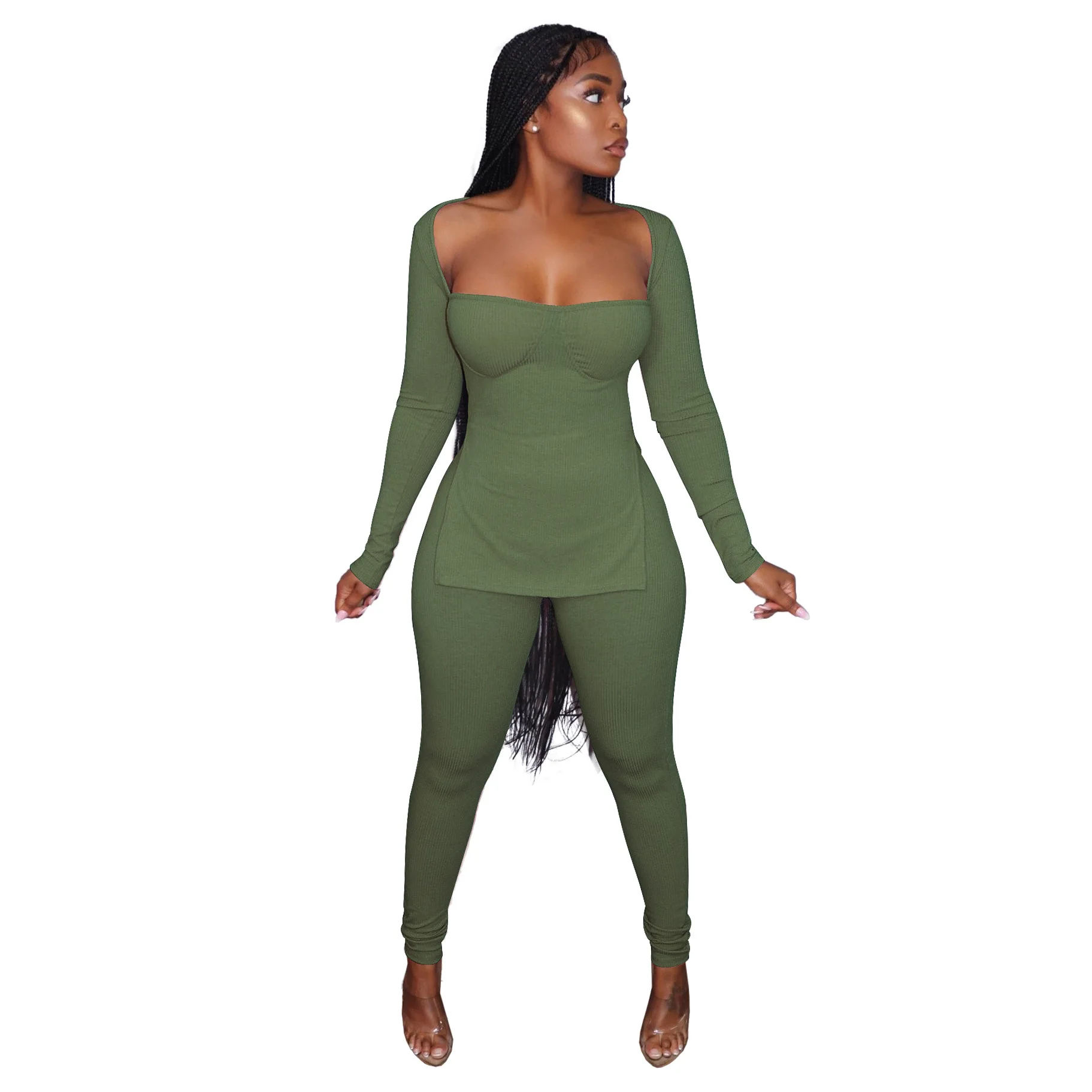 

Hot Selling Fall Clothing Low cut Long Sleeve Tight Pants Bodysuit Women Sexy Two Piece Sets, 7 colors