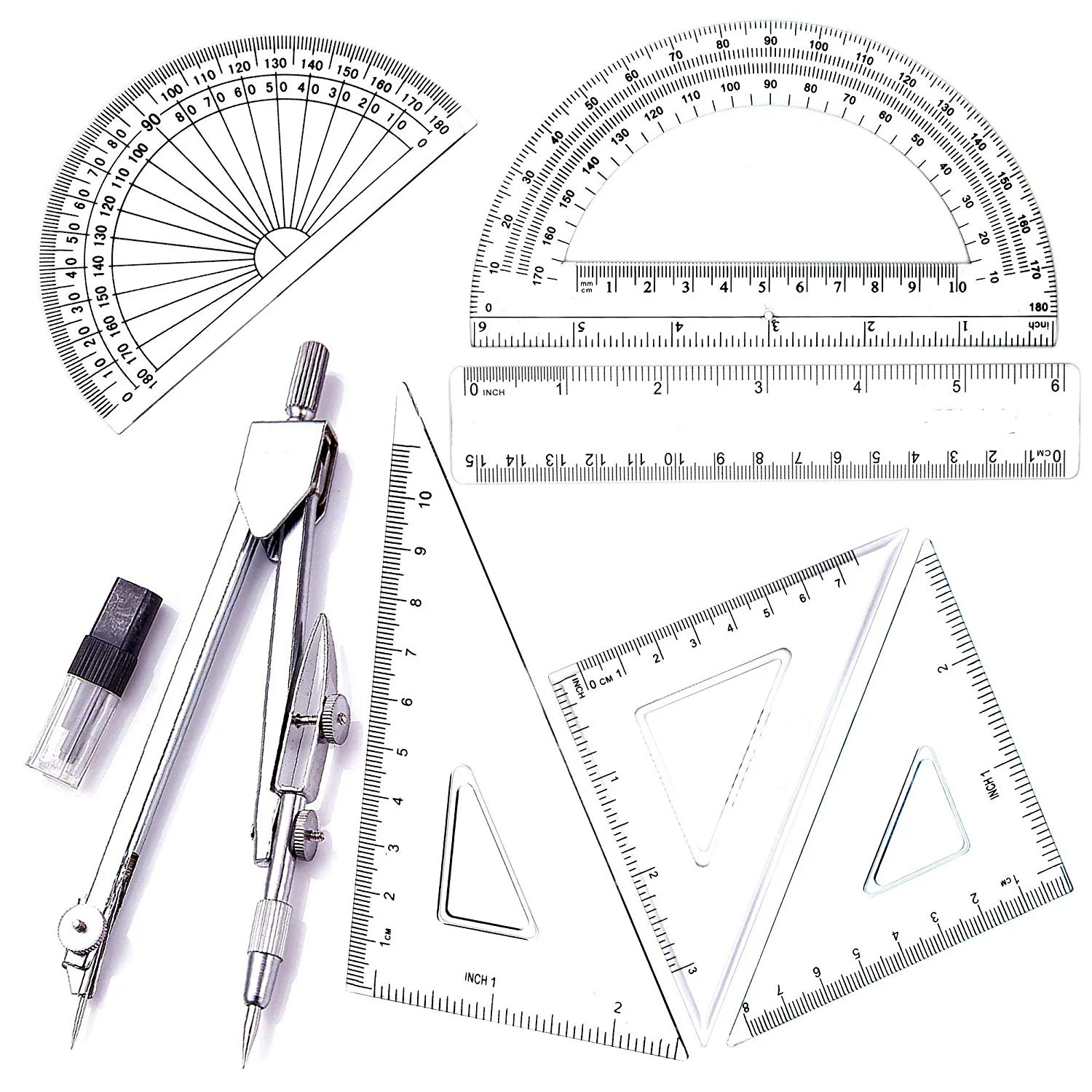 Геометрические инструменты. Циркуль и линейка. Линейка транспортир. Чертежные инструменты. Школьные принадлежности транспортир.