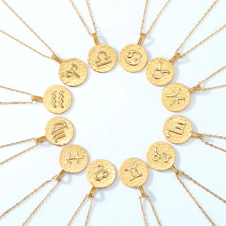 

925 Sterling Silver Gold Plating Engraved Coin Disk Pendant 12 Zodiac Sign Pendant