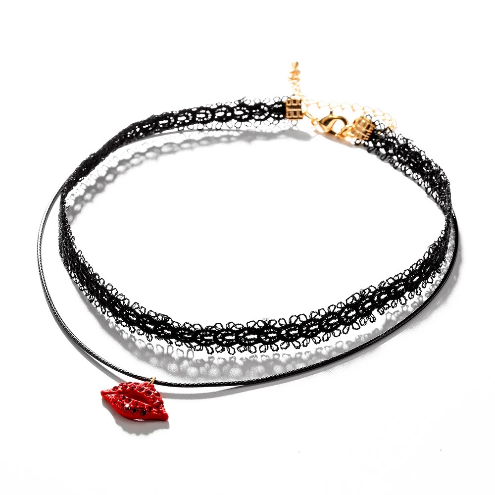 

Charare sexy lips black lace double layer choker necklace accessories, Black & red & gold