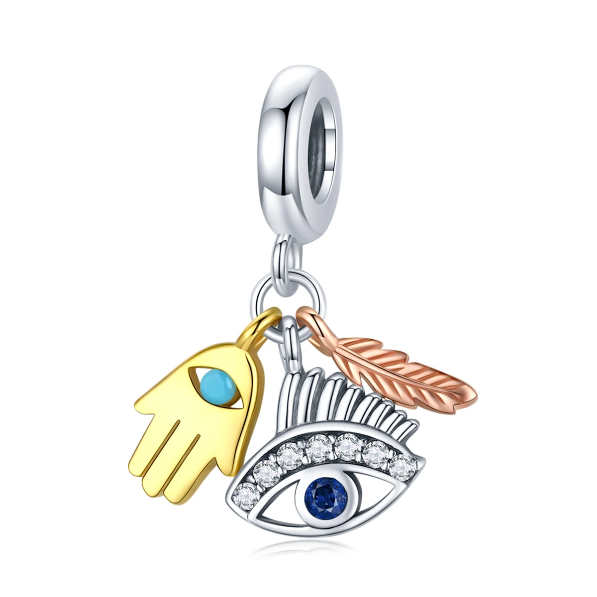 

Lucky Guardian sterling silver s925 bracelet pendant palm eye feather zircon charms, Sliver