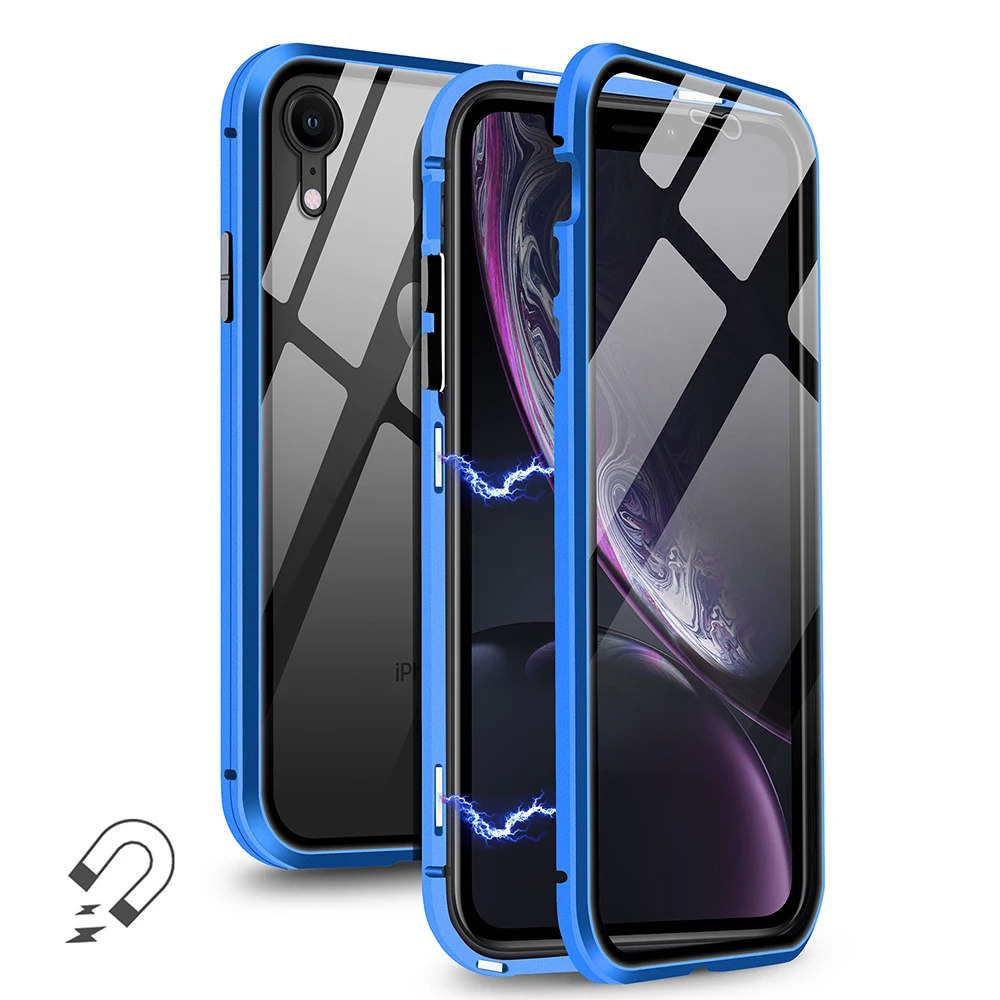 

360 Transparent Double Tempered Glass Magnetic Phone Case luxury aluminum Cell Phone Case Cover For IPhone 11 Pro MAX, Black,blue,gold,silver,purple