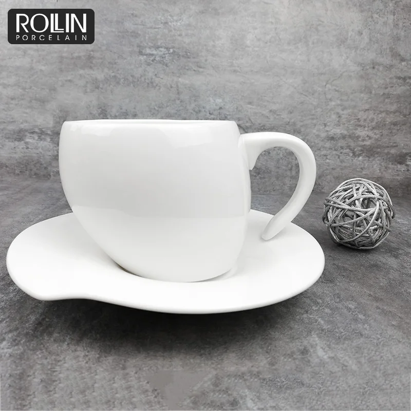 

Special Design Chaozhou Cheap Peach Shape Coffee Mug Porcelain Ceramic Coffee Cup Saucer, White