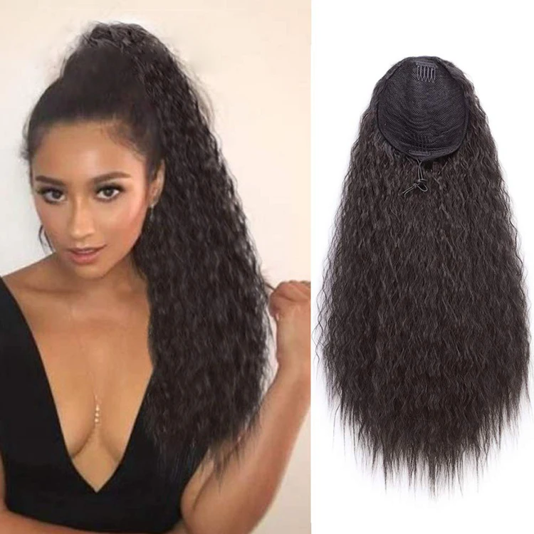 

Wholesale Hot Selling Long Water Wave Black 10 Color Available With Two Clips Drawstring Synthetic Curly Ponytail Hair Extension